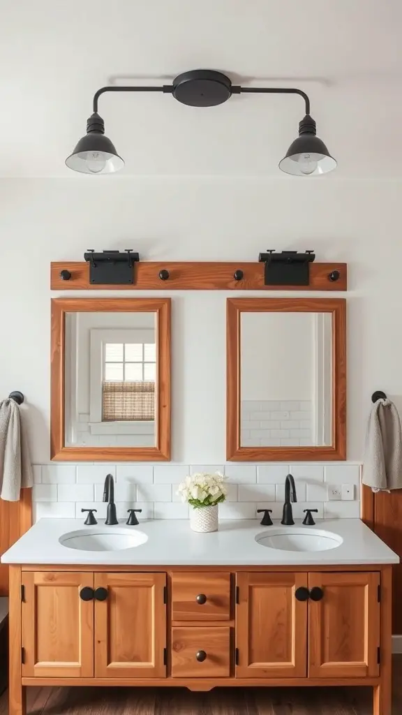 25+ Stunning Double Vanity Lighting Ideas for Your Bathroom 7 Rustic farmhouse double vanity with wooden cabinetry and stylish lighting