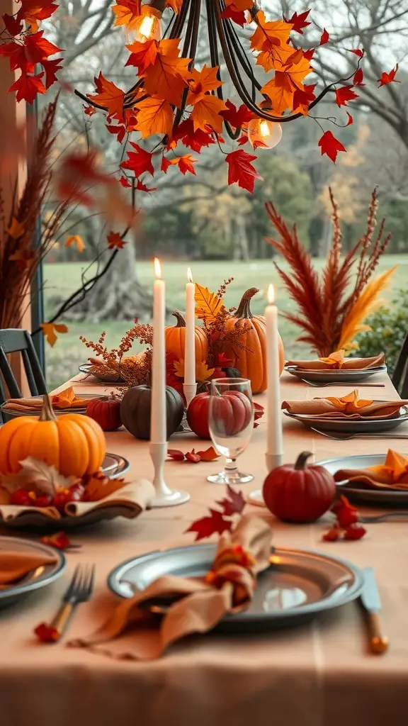 A beautifully arranged Thanksgiving table with pumpkins, candles, and autumn leaves.