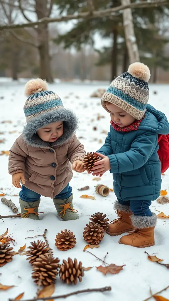 27+ Fun Christmas Activities for Toddlers 13 Two toddlers playing with pine cones in a snowy park