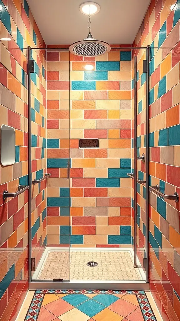 25+ Inspiring Small Walk-In Shower Ideas to Maximize Your Space 5 A small walk-in shower with bold, colorful tile patterns in orange, blue, and earthy tones.