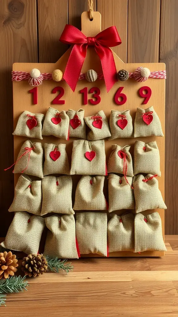 A rustic advent calendar with burlap bags, red ribbon, and wooden numbers