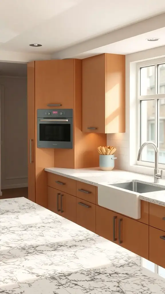 29+ Warm Neutral Kitchen Ideas to Transform Your Space 5 A warm neutral kitchen featuring wooden cabinets and a marble-like countertop.