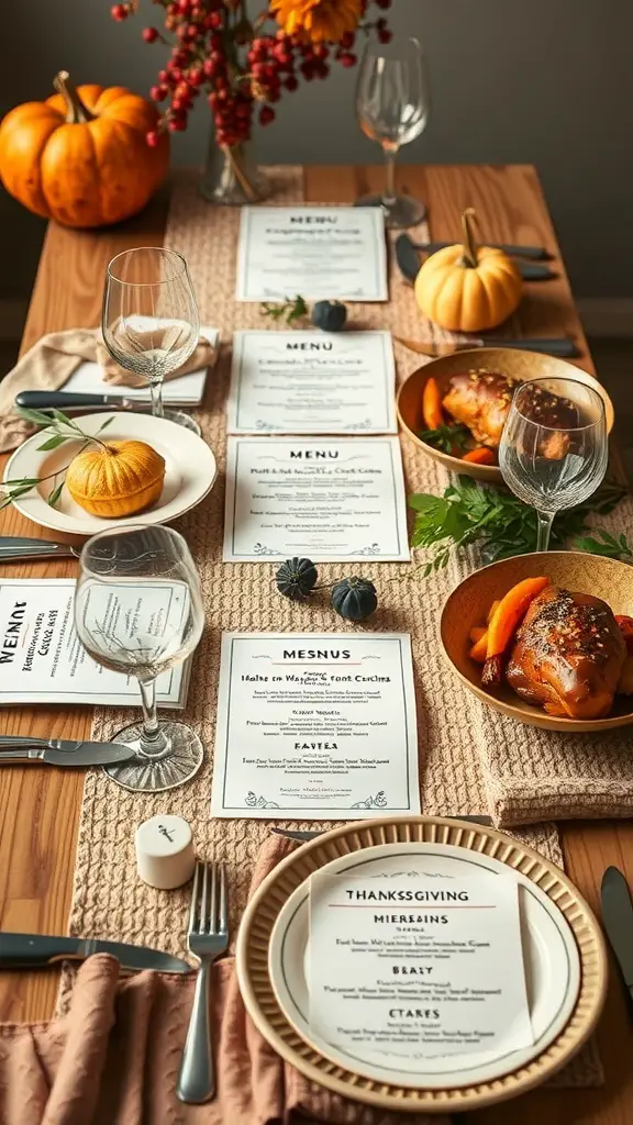 A beautifully arranged Friendsgiving table with creative menu cards, pumpkins, and elegant tableware.