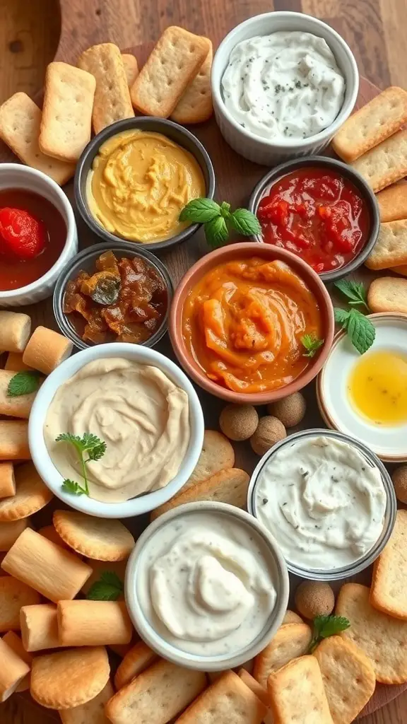 A variety of savory dips and spreads with crackers on a wooden platter.