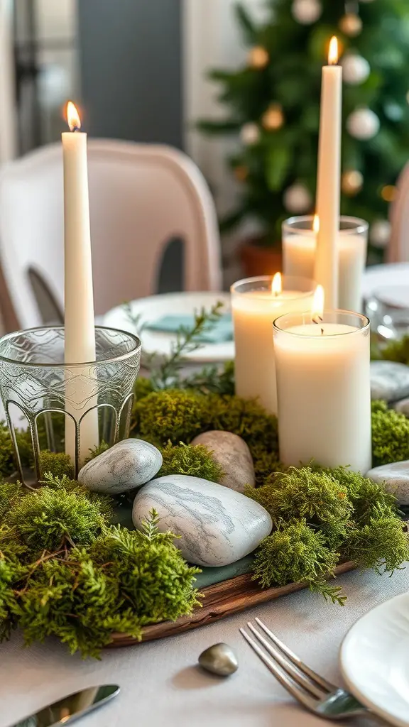 A natural elements table centerpiece featuring candles, greenery, and stones.