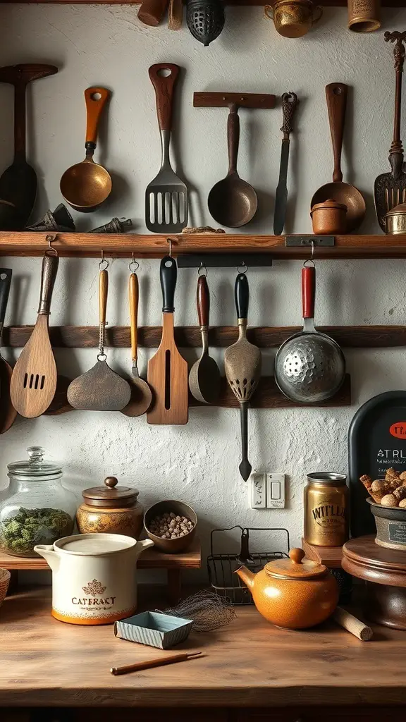 31+ Rustic Kitchen Design Ideas to Transform Your Space 13 A collection of antique kitchen tools displayed on a wooden shelf, showcasing a rustic kitchen aesthetic.