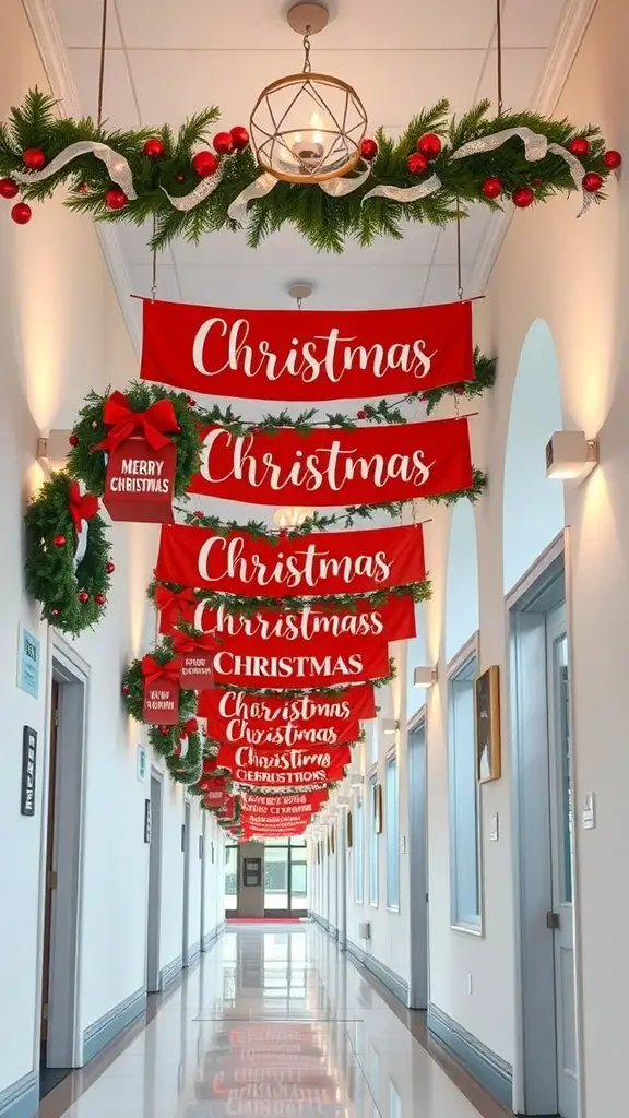 27+ Festive Christmas Hallway Ideas to Transform Your Home 8 A hallway decorated with red Christmas banners and wreaths, creating a festive atmosphere.