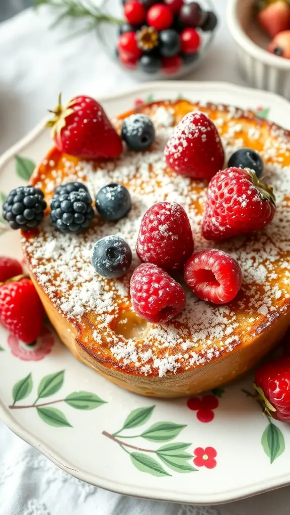 A delicious Eggnog French Toast Bake topped with fresh berries and powdered sugar on a decorative plate.