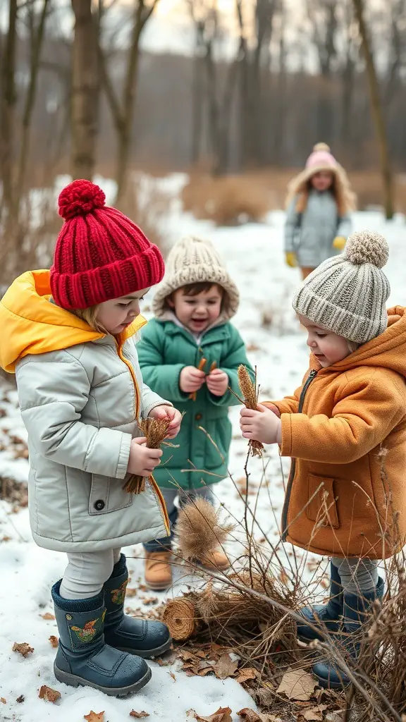 Toddlers playing in the snow, collecting natural items during a winter nature walk.