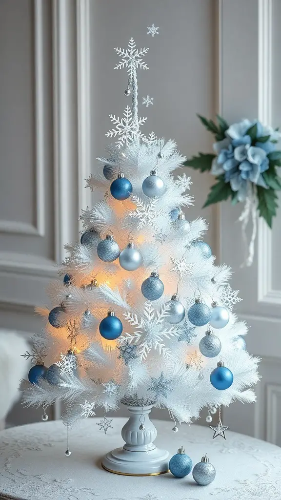 27+ Adorable Tabletop Christmas Tree Ideas for Your Holiday Decor 8 A small white and blue themed tabletop Christmas tree with snowflake decorations and ornaments.