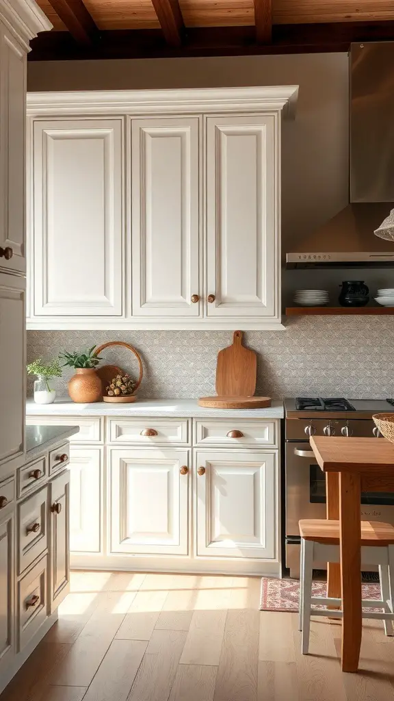 25+ Stunning Antique White Kitchen Cabinets for Timeless Style 13 A cozy kitchen featuring antique white cabinets, wooden accents, and a warm atmosphere.