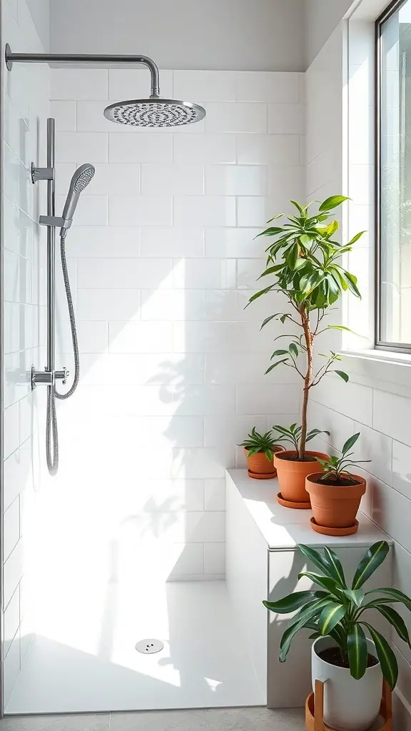27+ Creative Plant Display Ideas to Transform Your Bathroom 13 A bright shower with potted plants on the ledge, featuring terracotta pots and green foliage.