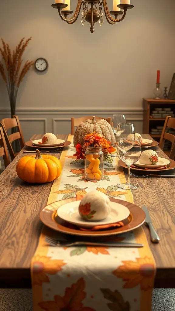 A beautifully set Thanksgiving table featuring an artistic table runner with autumn leaves, pumpkins, and floral arrangements.