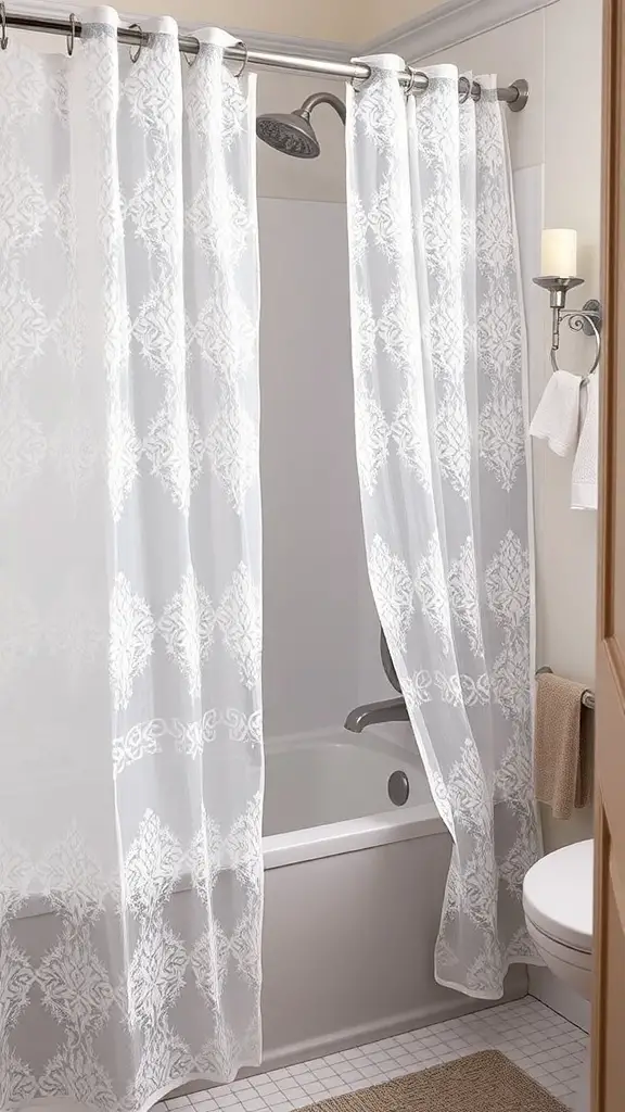 A small bathroom featuring a lace shower curtain, creating a light and airy feel.