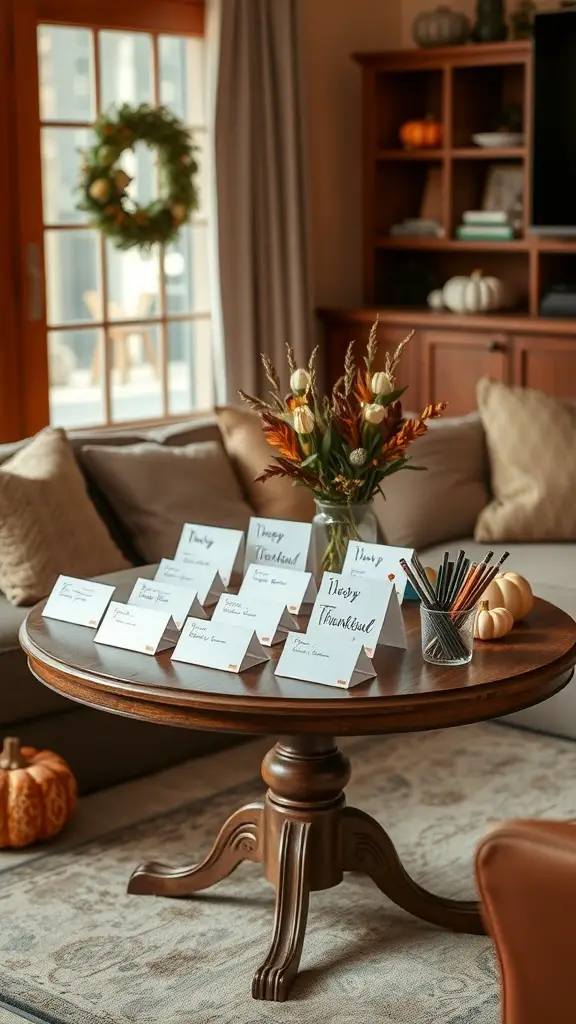 A cozy gratitude station with cards and pens on a wooden table, surrounded by fall decorations.