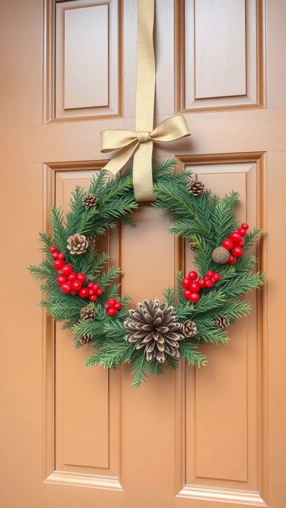 A festive wooden wreath decorated with pinecones and red berries, hanging on a door.