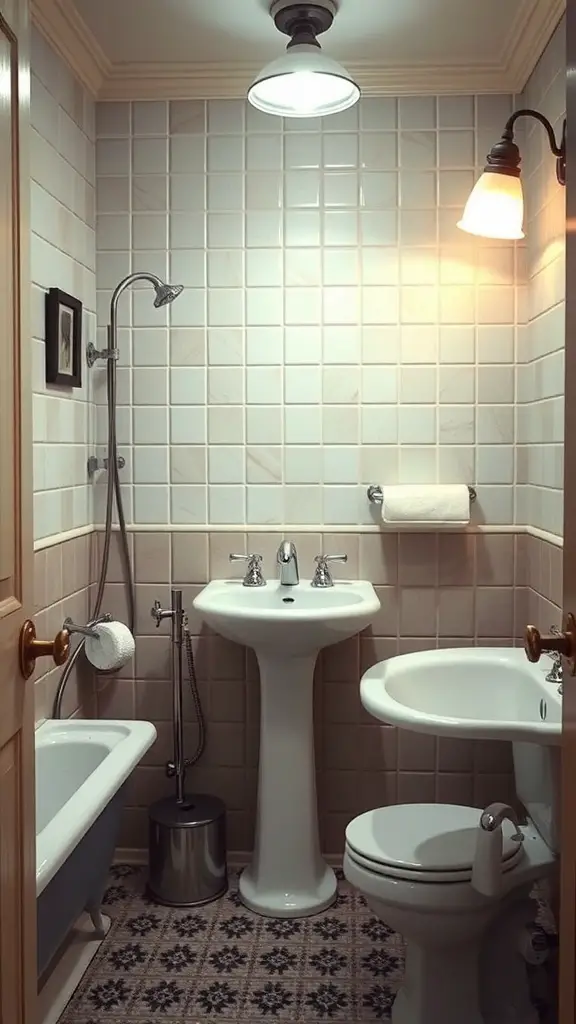 29+ Stylish Lighting Ideas to Transform Your Bathroom 8 A vintage-inspired bathroom featuring classic lighting fixtures and a cozy atmosphere.