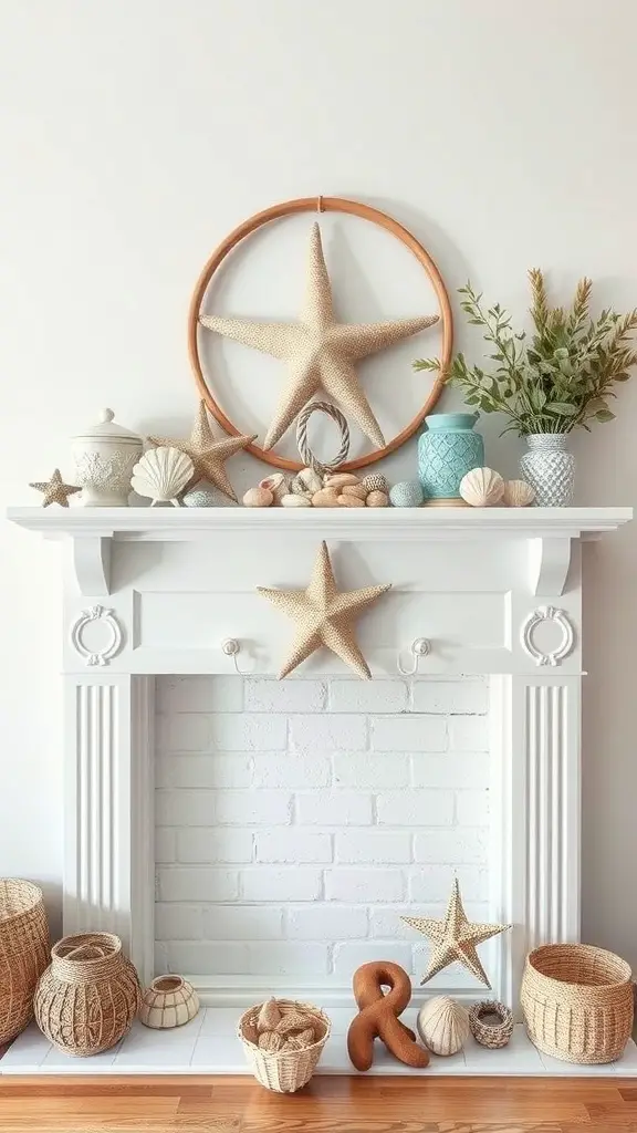 29+ Creative Christmas Mantel Decorating Ideas to Inspire Your Holiday Spirit 3 A coastal-themed Christmas mantel decorated with starfish, shells, and woven baskets.