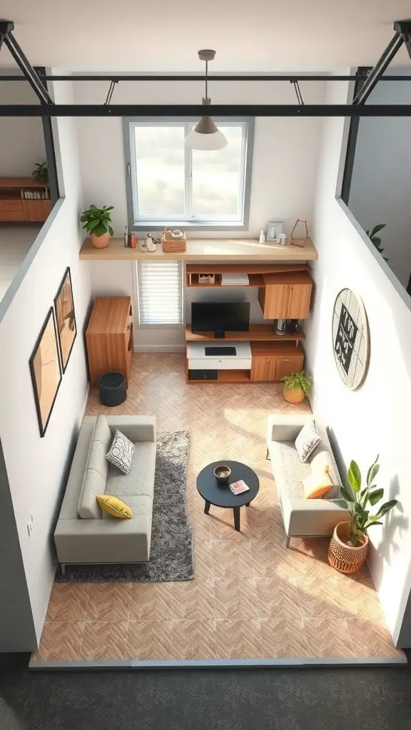27+ Inspiring Small Garage Apartment Ideas for Cozy Living 5 A small garage apartment featuring a cozy living area with two sofas, a coffee table, and natural light from a large window.