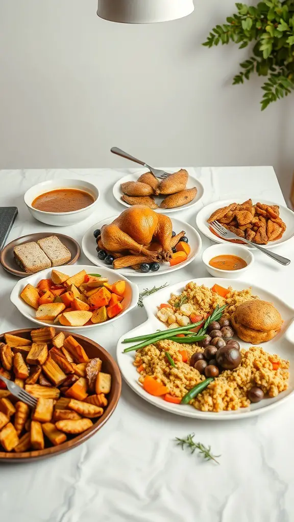 A beautifully arranged Thanksgiving table with various creative serving platters filled with food.