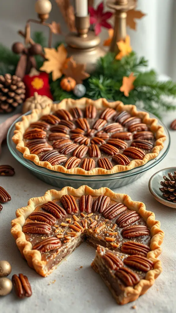 25+ Delicious Thanksgiving Dinner Ideas You Need to Try 14 A pecan pie with a flaky crust, topped with pecans, and a slice cut out, surrounded by autumn decorations.