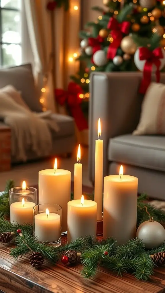 A cozy arrangement of artisan candles surrounded by pine branches and holiday decorations.