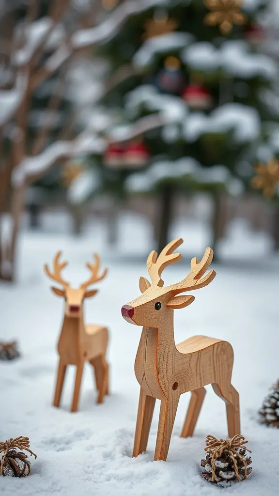 Two wooden reindeer decorations in a snowy setting with pine cones.