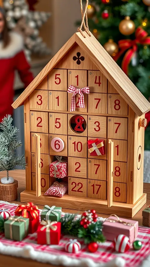 A beautifully crafted wooden advent calendar with numbered doors, decorated with bows and small gifts, set against a festive background.