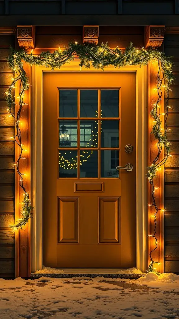 29+ Creative Christmas Doorway Decorations to Brighten Your Holiday Season 9 A beautifully decorated doorway with twinkling fairy lights and greenery, set against a snowy background.