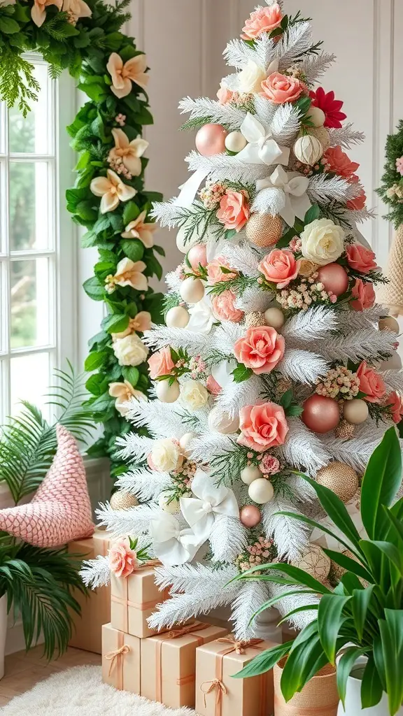 A white Christmas tree decorated with pink and cream flowers, surrounded by greenery and gifts.