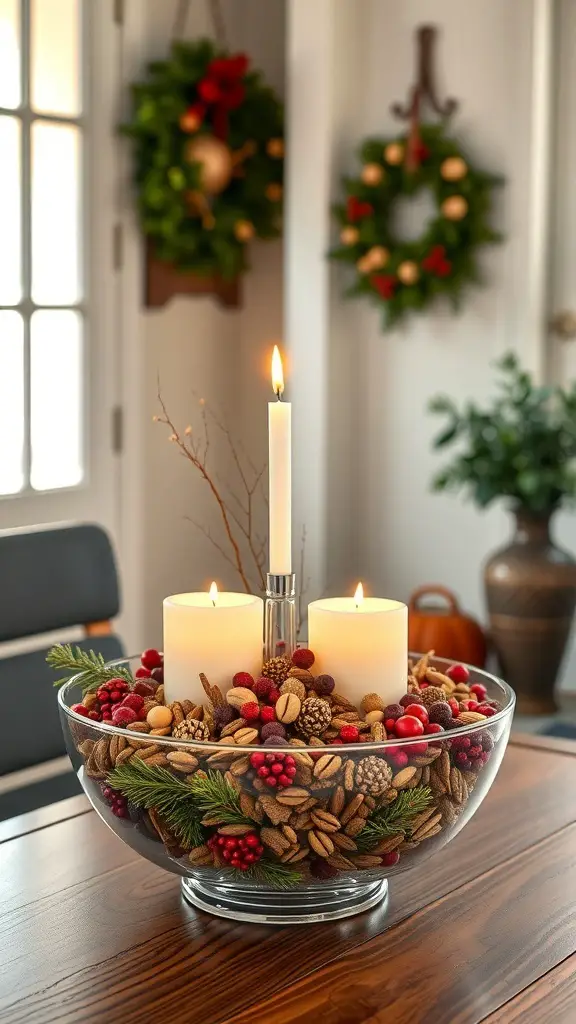A festive centerpiece with candles, nuts, and berries in a bowl, surrounded by holiday wreaths.