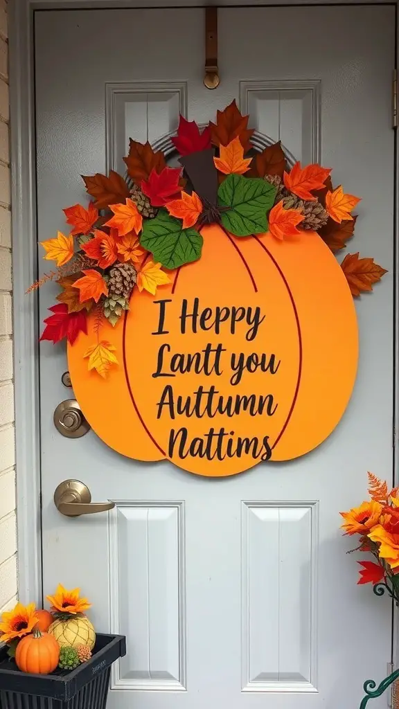 A pumpkin-themed door hanger with autumn leaves and a playful message.