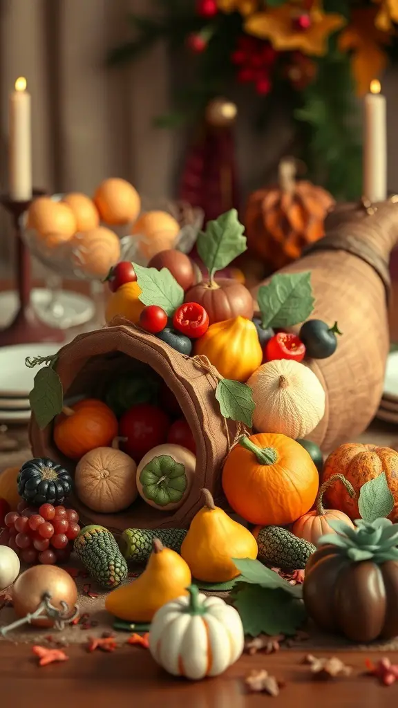 25+ Fun Thanksgiving Crafts for Kids to Make Together 16 A cornucopia filled with various fruits and vegetables, symbolizing abundance for Thanksgiving.