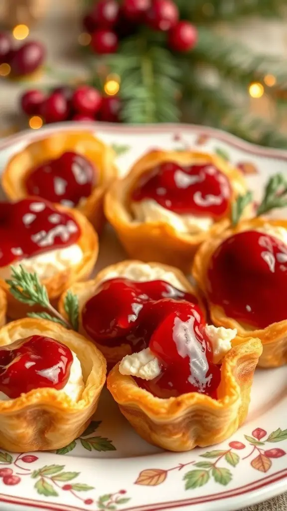 31+ Delightful Christmas Eve Food Ideas for a Festive Celebration 7 A plate of cranberry brie bites topped with cranberry sauce, surrounded by festive decorations.