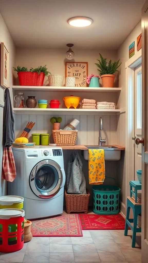 27+ Creative Small Space Solutions for Top Loader Laundry Rooms 8 A colorful and organized laundry room with plants, vibrant baskets, and decorative textiles.