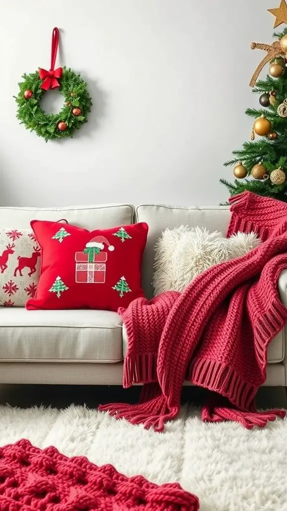 A cozy living room decorated for Christmas with plush red textiles, a white rug, and festive decorations.