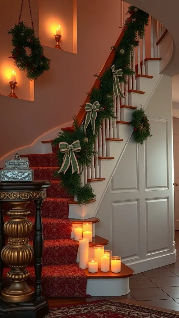 25+ Creative Christmas Staircase Decor Ideas to Transform Your Home 8 A beautifully decorated staircase with candles and greenery for Christmas.