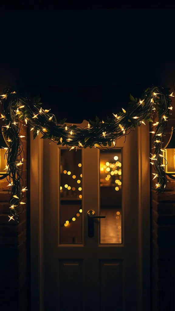A doorway decorated with a garland of twinkling fairy lights.
