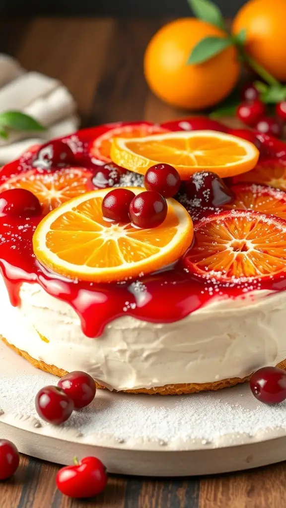 A beautifully decorated cranberry orange upside-down cake topped with orange slices and cranberries.