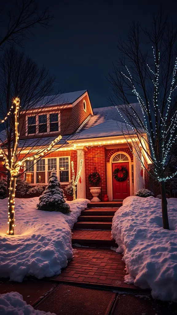 A beautifully decorated house with Christmas lights and snow