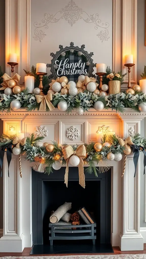 A beautifully decorated fireplace mantle with silver and gold ornaments, candles, and a 'Happy Christmas' sign.