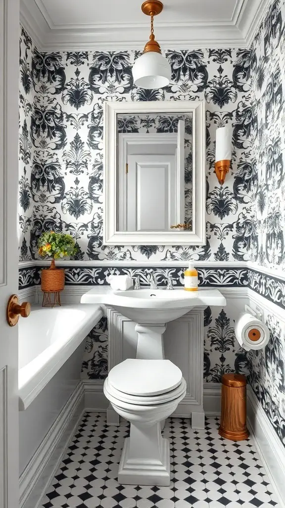 29+ Stunning Half Bath Wallpaper Ideas to Transform Your Space 13 A stylish half bath featuring classic black and white wallpaper with intricate patterns, complemented by white fixtures and gold accents.