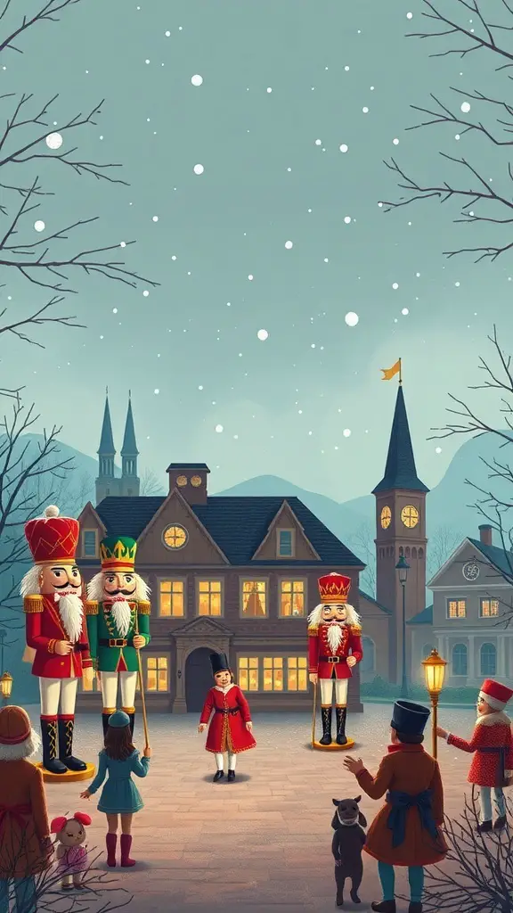 25+ Magical Nutcracker Christmas Decorations You Need This Holiday Season 8 A festive snowy scene featuring nutcracker figures, a child, and families celebrating Christmas.