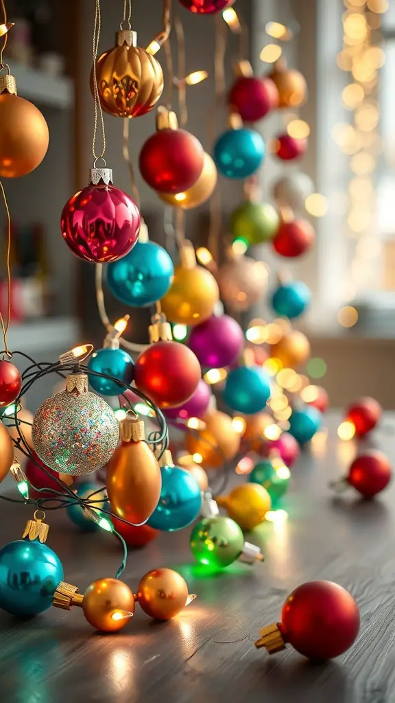 Colorful ornaments and lights creating a festive indoor display