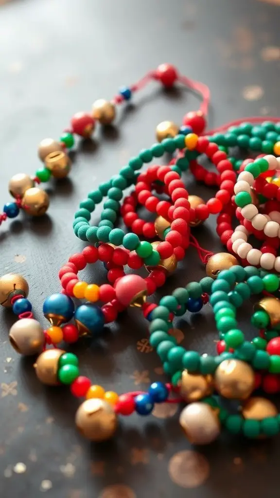 Colorful jingle bell bracelets made from beads and bells