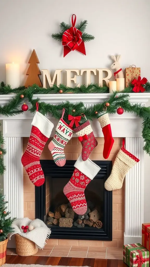 29+ Creative Christmas Mantel Decorating Ideas to Inspire Your Holiday Spirit 16 A beautifully decorated Christmas mantel with colorful stockings, a garland, and candles.