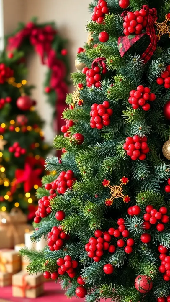 A Christmas tree decorated with buffalo plaid and red berry accents, showcasing a festive holiday theme.