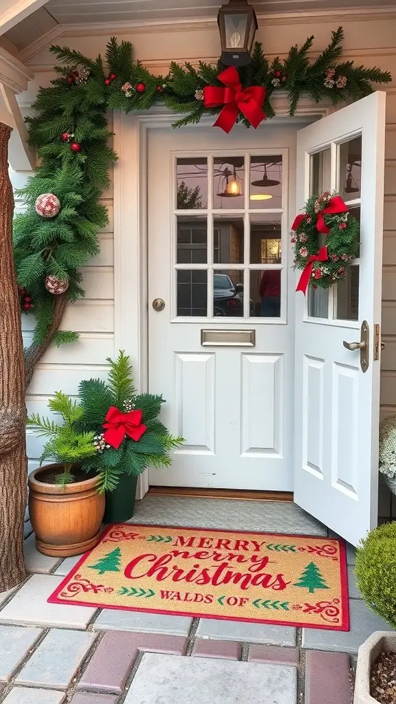 A festive entryway with a Christmas door mat that says 'Merry Christmas', surrounded by greenery and red bows.