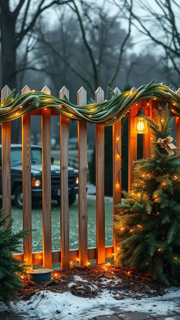A wooden fence wrapped in greenery and lights, with a soft glow in a snowy setting.
