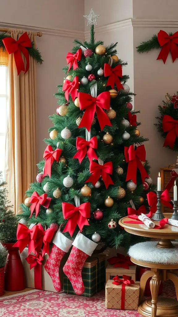 A beautifully decorated Christmas tree with red bows and ornaments, stockings, and festive decor.